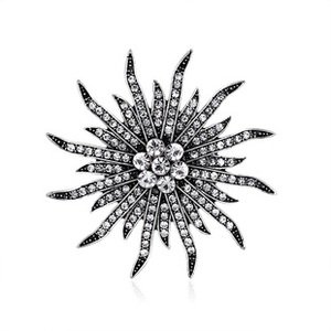 Macro shot of silver alloy owl brooch with sparkling white rhinestones and starburst rays