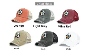 Color variety of distressed washed denim baseball caps with mesh and soccer embroidery