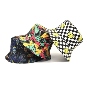 Chapeau Bob Réversible En Coton Protection Solaire Imprimé Requin Damier Smiley Extérieur Chapeau De Soleil Unisexe