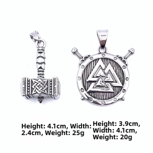 Detailed view of Viking Thor's Hammer and Valknut shield pendants with measurements