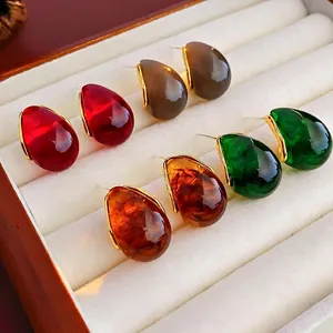 Water Drop Stud Earrings With Resin Gold Frame And Silver Earring Post French Vintage Elegant Jewelry For Women