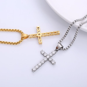Hip hop titanium steel cross necklaces in gold and silver finish with zircon stones