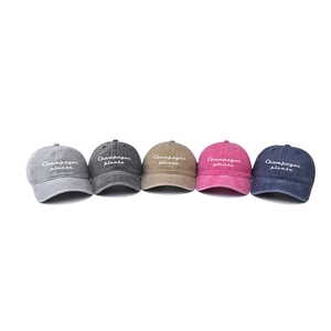 Washed cotton baseball caps in five colors with Champagne please embroidery text