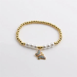 Fashionable gold bead and pearl elastic bracelet with multi-color zircon butterfly charm