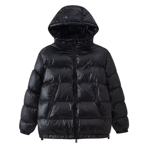 Women's black shiny hooded puffer jacket with full zipper and side pockets for winter