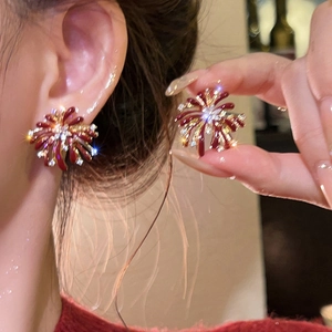 Fireworks Stud Earrings With 925 Sterling Silver Earring Post Red Enamel Zircon Vintage Elegant Festive Jewelry Women