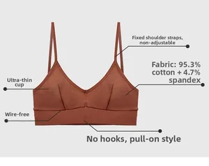 Detailed fabric composition view of dark brown cotton sports bra with U-back design