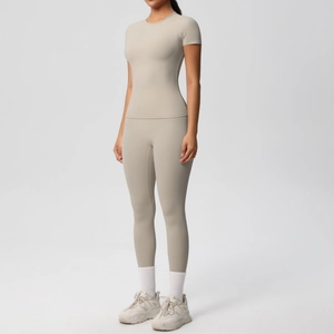 Women's beige short sleeve yoga top and high waist leggings fitness two-piece set