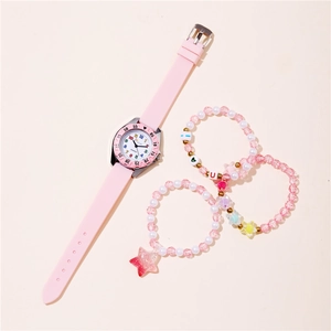 Pink quartz watch and beaded bracelet set with hearts and stars for girls