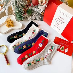 Dettaglio di cinque paia di calze natalizie in cotone con stampe festive in set regalo