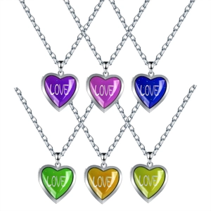 Multi-color heart locket necklaces with LOVE engraving on stainless steel chains