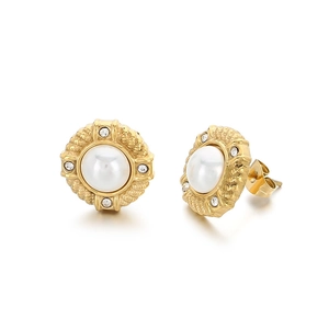 Textured gold stainless steel stud earrings with central pearl and clear gemstone accents