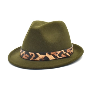Olive green wool fedora hat with leopard print leather band and gold stud accents