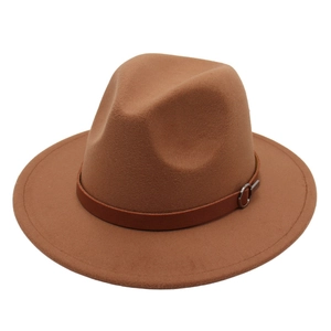 Classic camel wool fedora hat with a stylish brown leather belt and silver buckle