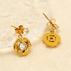 Gold rose earrings in stainless steel with 18k plating and sparkling cubic zirconia stones
