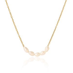 18K gold plated stainless steel necklace with five natural freshwater pearls on white background