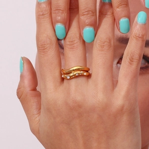 18K gold plated stainless steel double-layered wavy ring with micro-inset crystals