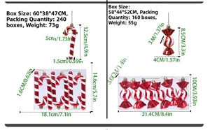 Detailed dimensions of red and white candy cane and candy ball Christmas ornaments