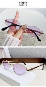 Detailed view of purple polygon sunglasses with a premium gold metal frame construction