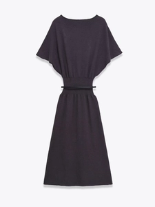 Close-up of dark grey knitted dress texture with slim black waist belt detail