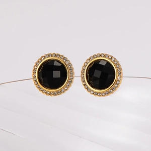 Elegant gold-plated round stud earrings with black center stone and sparkling crystal halo