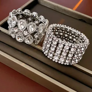 Bracelet Large Géométrique Goutte Eau Creux Strass Alliage Jonc Cristal Étincelant Luxe Mariage Fête Déclaration