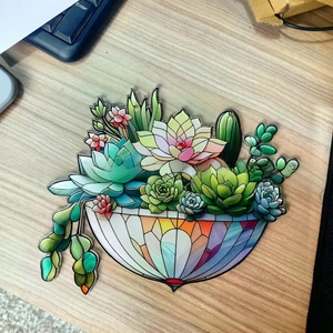 Detailed acrylic suncatcher pendant with colorful succulents and faux stained glass finish