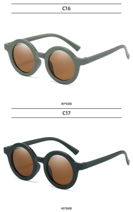Detail view of army green and dark green round children's sunglasses at 45-degree angle