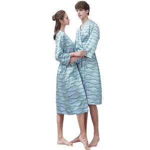 Matching couple ice silk robes with blue wavy stripes and elegant V-neck kimono style