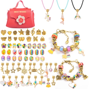 DIY kids charm bracelet jewelry set with pink handbag, unicorn pendants and colorful beads