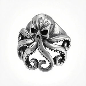 Vintage punk octopus skull ring in stainless steel with detailed tentacle engraving