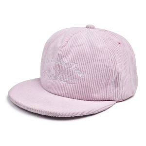 Detail of light pink corduroy baseball cap with sun and landscape embroidery