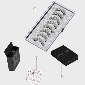 Detailed view of 5-pair magnetic eyelashes set including applicator tool and user manual