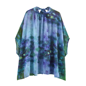Damen Chiffon Bluse Top Seerosen Ölgemälde Druck Lose Fledermausärmel Rückseite Bindeband Vintage Impressionistisch