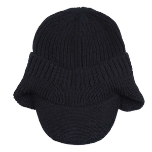 Detail view of the black knitted winter hat featuring thick thermal ear flaps and a short brim