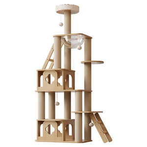 Large solid wood cat tree with multi-level condos, sisal scratching posts, and space capsule