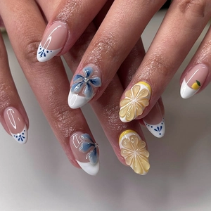 French Press On Nails ABS Plastic 3D Mint Blue Ice Flower Lemon Relief Artificial Pearl Decor Almond Shape Elegant Manicure For Women