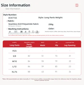 Detailed size chart for seamless high-waist yoga pants with fabric specs and washing care