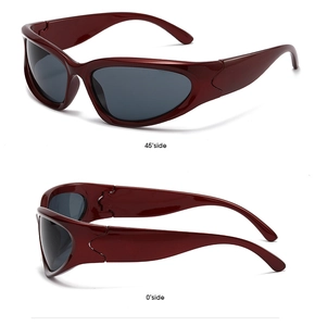 Dual view of burgundy sports sunglasses with sleek 45-degree and 0-degree side profiles