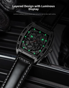 Macro view of tonneau luminous quartz watch with green hands and mechanical skeleton dial