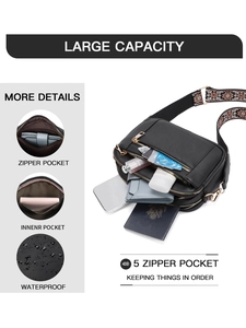Detail of black waterproof crossbody bag with 5 zippers and ethnic embroidery strap