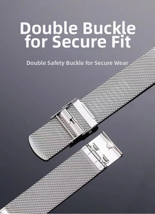 Detail of silver Milanese mesh watch strap featuring secure double-lock safety buckle