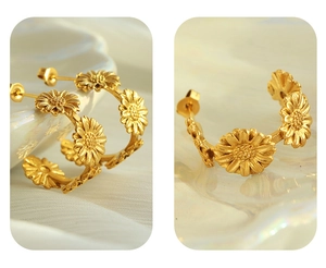 Detailed macro view of 18k gold plated daisy earrings with a matte frosted finish texture