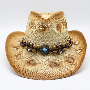 Cappello da cowboy in paglia traforata con perline in legno e fibbia turchese etnica
