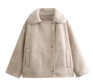 Detailed view of beige faux suede jacket with thick shearling lining and wide collar
