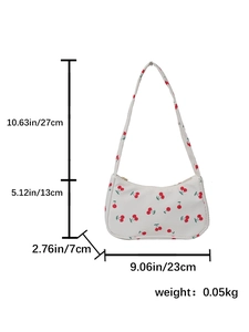 Detailed dimension chart showing size and weight for the cherry print nylon handbag