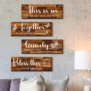 Set of 4 vintage farmhouse wood wall plaques with white cursive family themed quotes