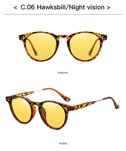 Retro tortoiseshell round polarized sunglasses with yellow night vision lenses and metal temple