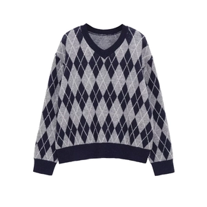 Classic V-neck knit sweater featuring grey argyle pattern and ribbed cuffs on white background