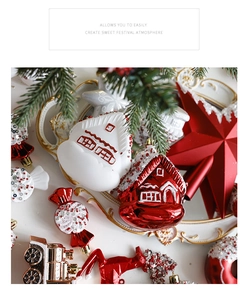 Detail view of red and white Christmas ornaments set with candy and house shapes